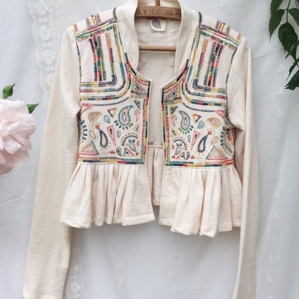 Vintage Anthropologie Embroidered Cream Peplum Cardigan with Multicolor Paisley - Picture 1 of 9